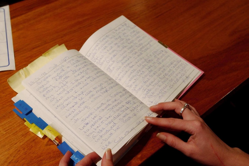 A woman's hands on an open diary