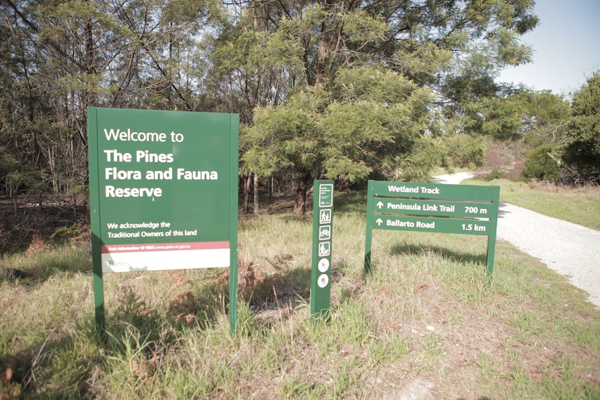 The entrance sign to The Pines Flora and Fauna Reserve, near Frankston
