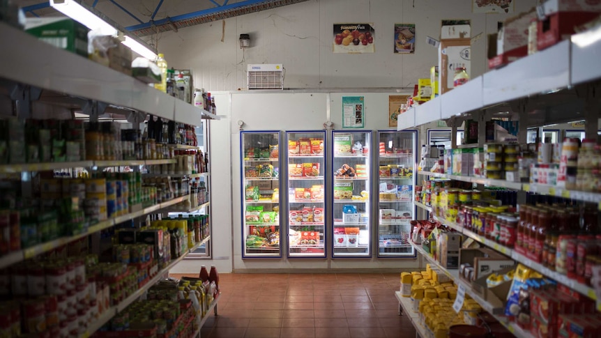 Supermarket shelves at the shop in Warakurna, WA.