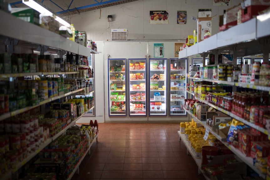 Supermarket shelves at the shop in Warakurna, WA.