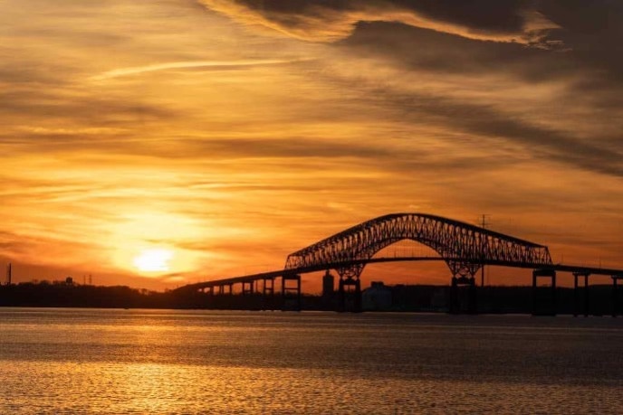 The Francis Scott Key Bridge at sunset 