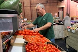 A male shop owner in a green shirt organises a fruit shelf.