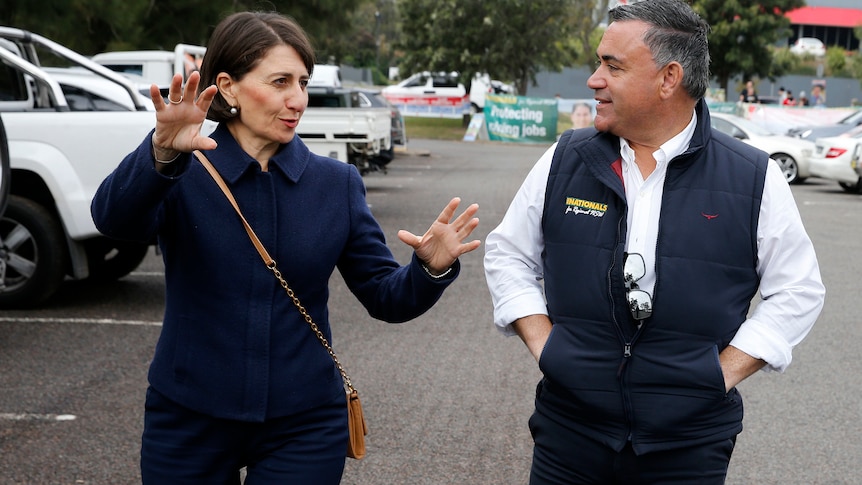 Gladys Berejiklian speaks with John Barilaro