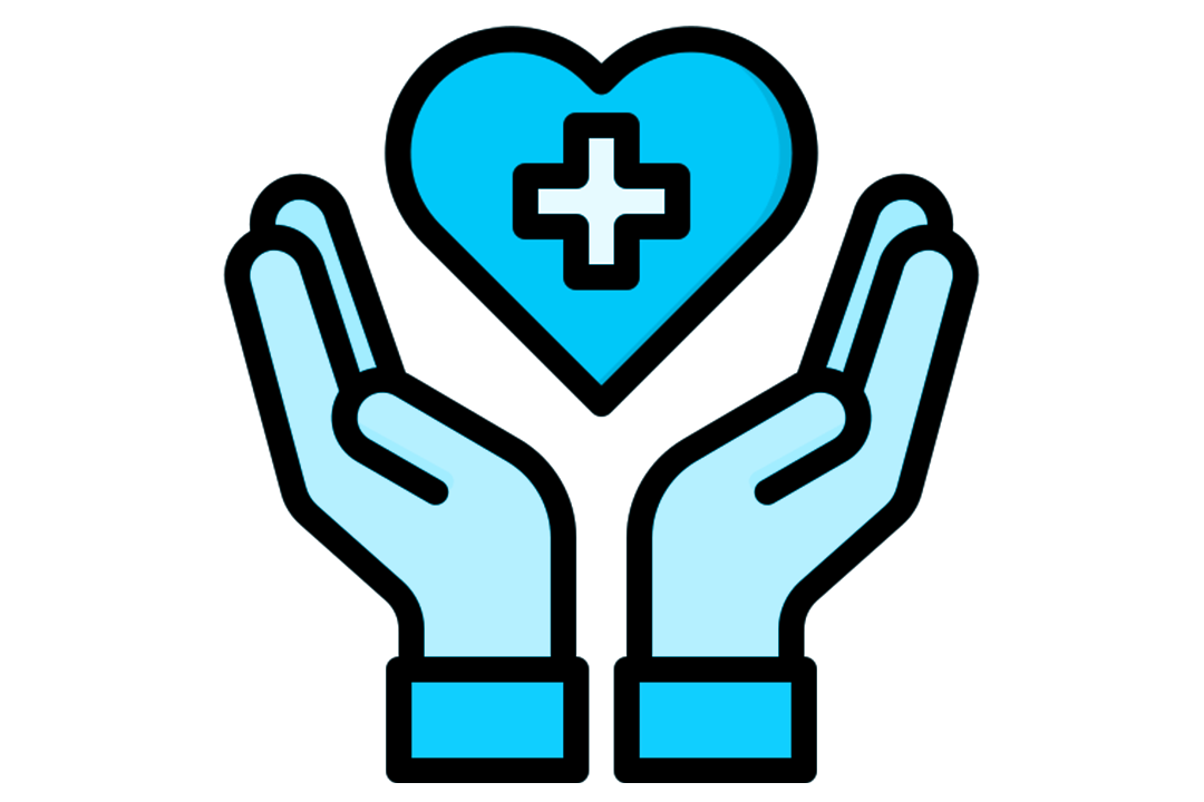 A blue graphic of two hands holding a floating heart