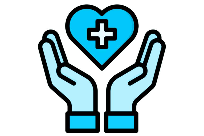 A blue graphic of two hands holding a floating heart