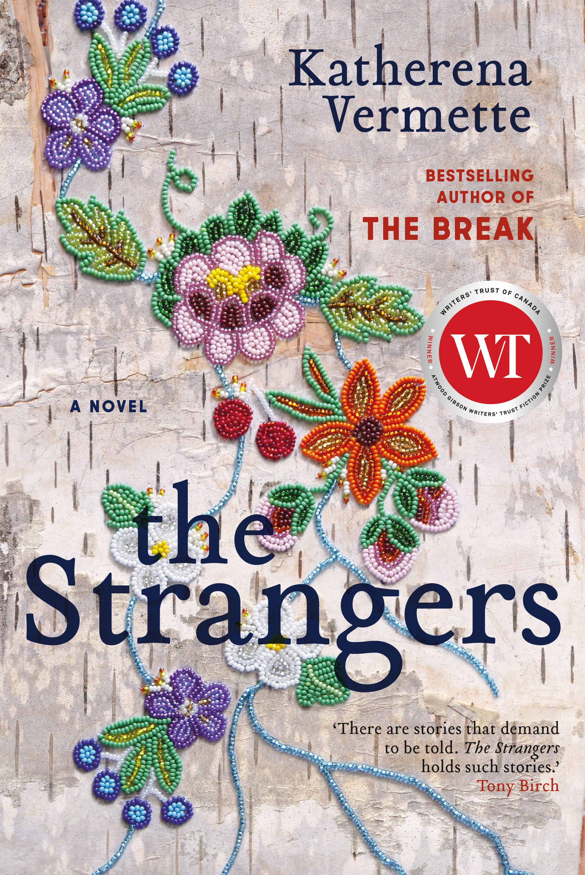 Cover of The Strangers Katherena Vermette featuring embroidered flowers in bright colours