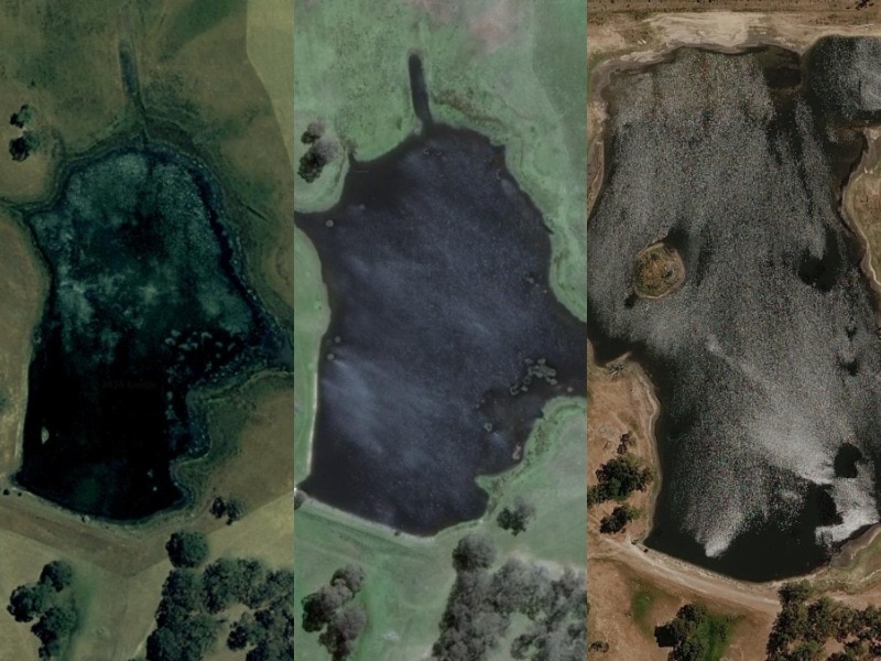 Three images side by side of a body of water that grows