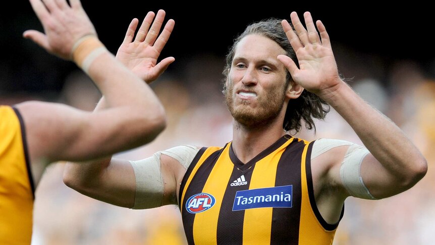 Ty Vickery celebrates kicking a goal for Hawthorn against Adelaide.