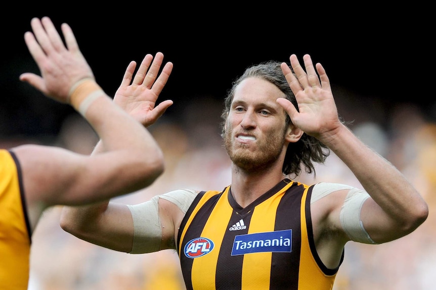 Ty Vickery celebrates kicking a goal for Hawthorn against Adelaide.