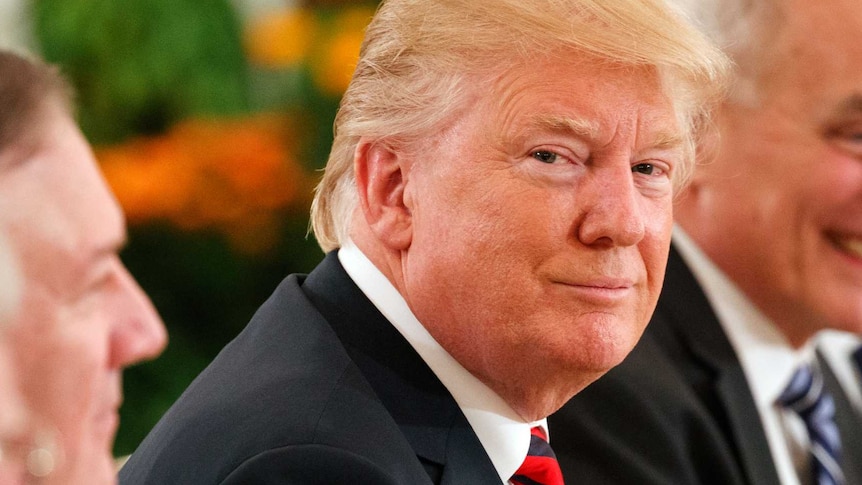 view from the side of a row of people sitting and smiling at a table, with Donald Trump in the centre, looking to the camera.