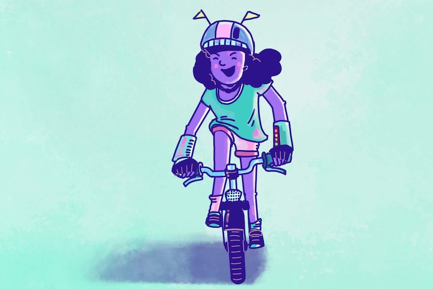 An illustration of a young girl riding a bike.