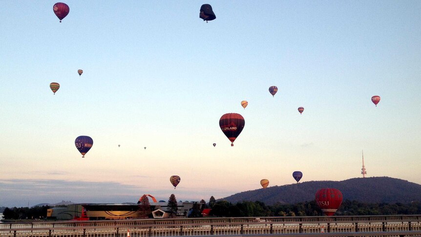 Hot air balloons over Lake Burley Griffin during the Canberra Balloon Spectacular.