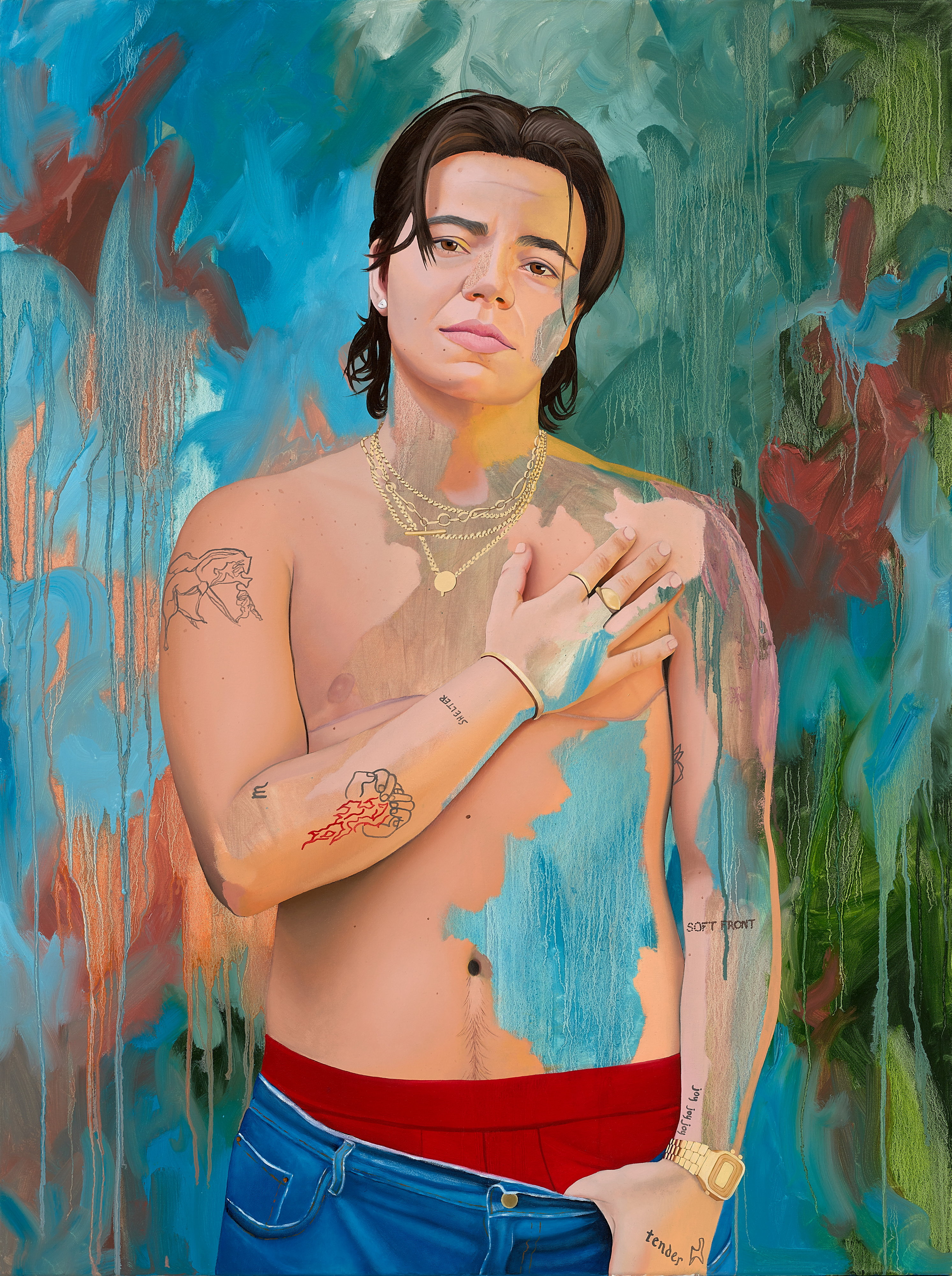 A colourful oil painting of Zoe Terakes, a non-binary white person with brown hair, who is shirtless and has top surgery scars.
