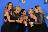 Laura Dern, from left, Nicole Kidman, Zoe Kravitz, Reese Witherspoon and Shailene Woodley posing