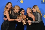 Laura Dern, from left, Nicole Kidman, Zoe Kravitz, Reese Witherspoon and Shailene Woodley posing
