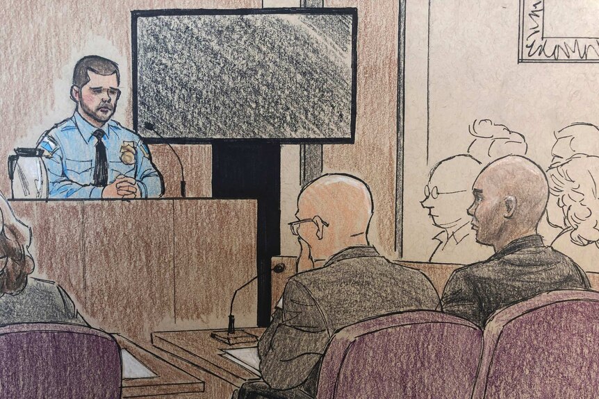 A courtroom sketch of Mohamed Noor and his Minneapolis police partner, Matthew Harrity. Harrity is in the witness box.