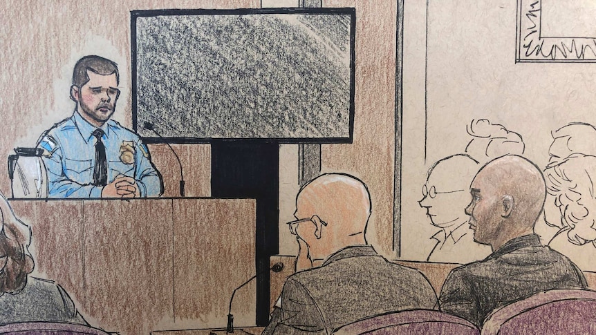 A courtroom sketch of Mohamed Noor and his Minneapolis police partner, Matthew Harrity. Harrity is in the witness box.