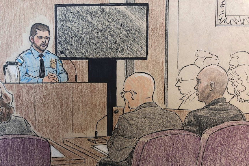 A courtroom sketch of Mohamed Noor and his Minneapolis police partner, Matthew Harrity. Harrity is in the witness box.