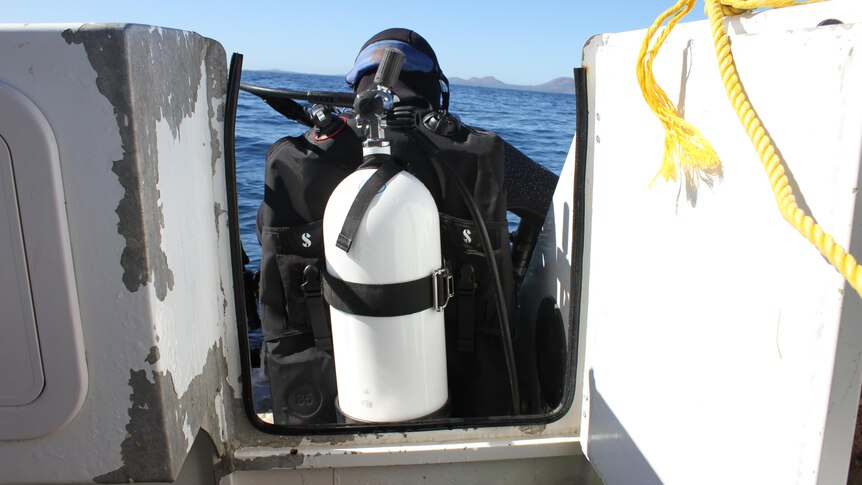 A woman sits on the edge of a boat wearing scuba diving gear