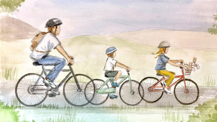An illustration of a man and two children riding bikes.