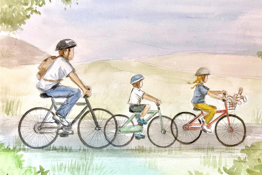 An illustration of a man and two children riding bikes.