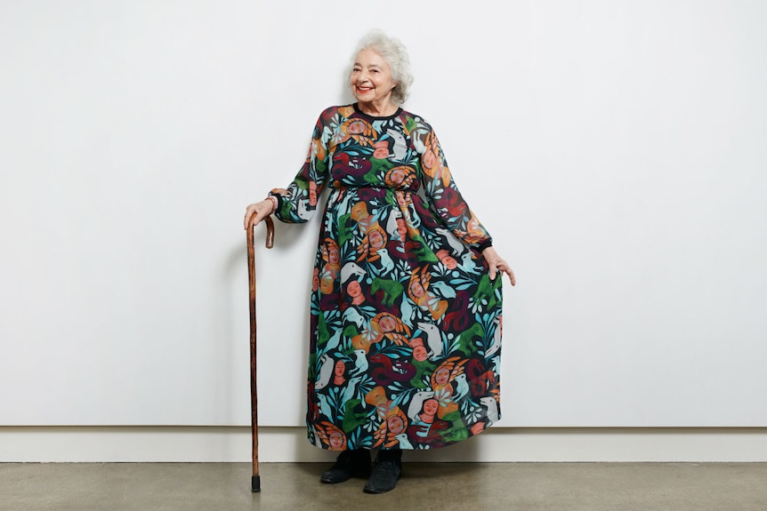 The artist Mirka Mora in a dress made by Gorman with her artwork as a print
