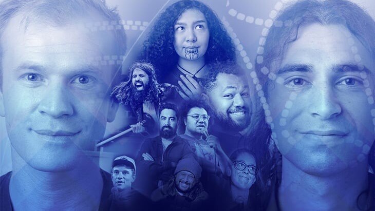 A blue tinted collage image of Pasifika and Maori comedians. 