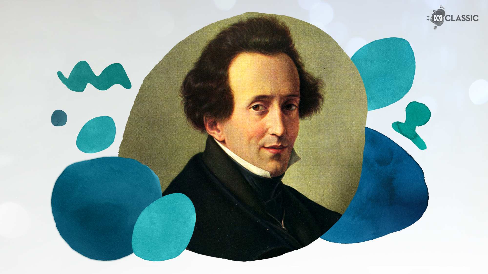 An image of composer Felix Mendelssohn with stylised musical notation overlayed in tones of teal.