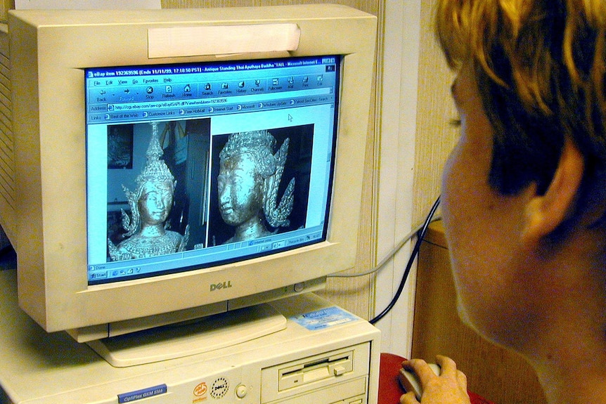 A person looking at an old computer screen