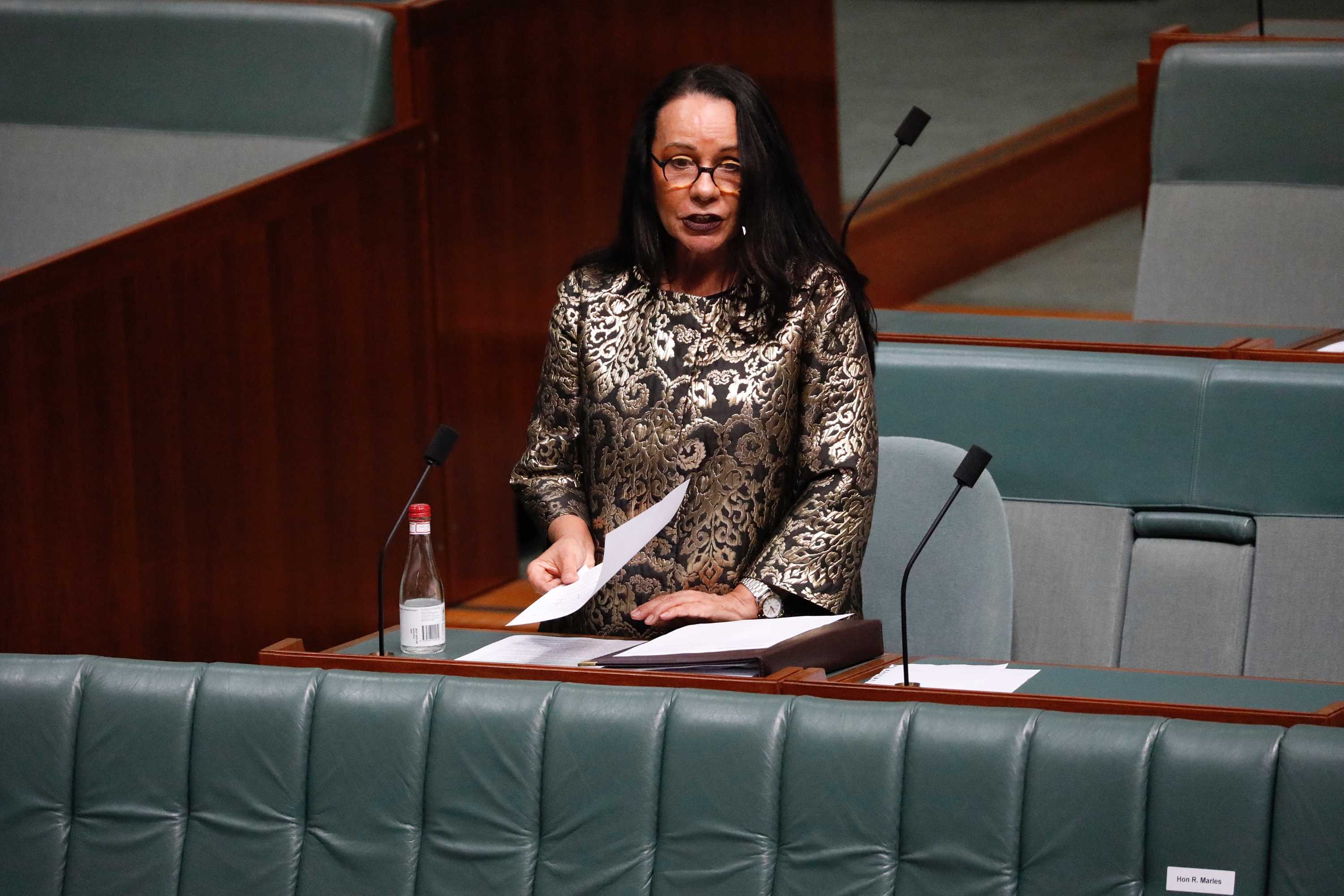 A woman wearing a silver and black coat speaking at a desk with a microphone in a chamber with green seats