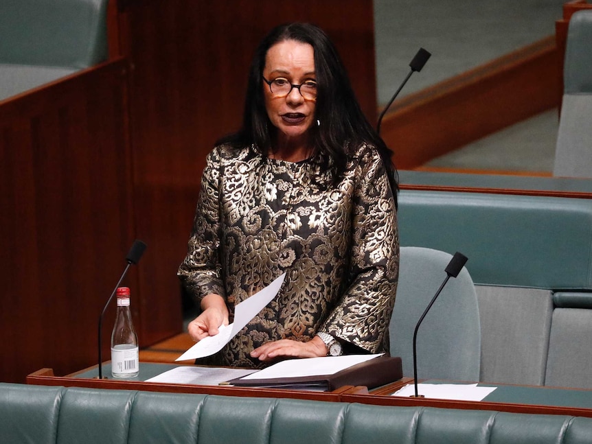 A woman wearing a silver and black coat speaking at a desk with a microphone in a chamber with green seats