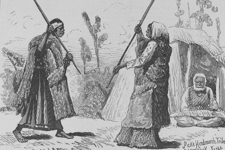 A historic sketch of a dispute between two indigenous women being fought with yam sticks. 