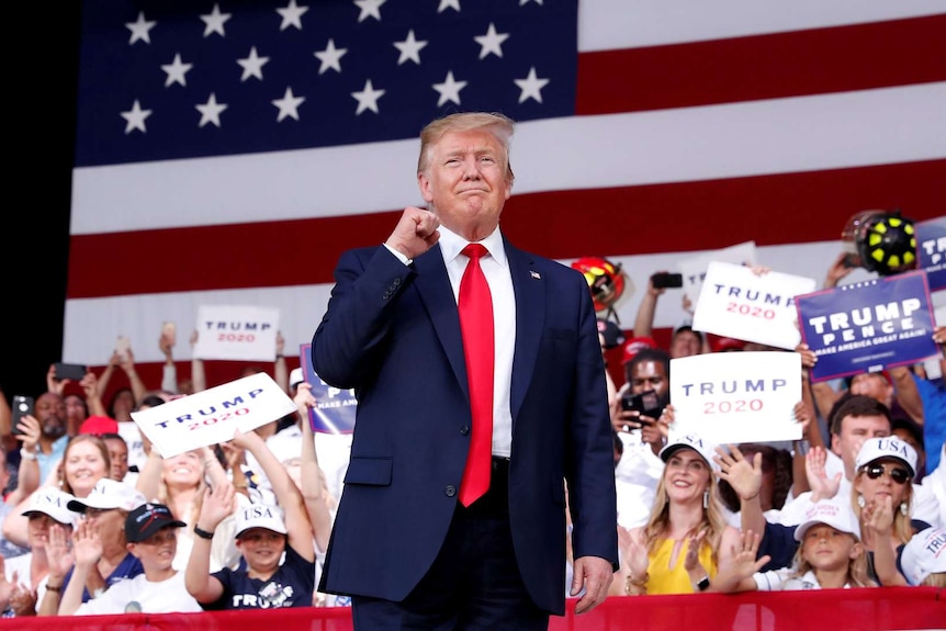 Donald Trump stands in front of a crowd at a rally. He has a fist raised to his chest in a sign of victory