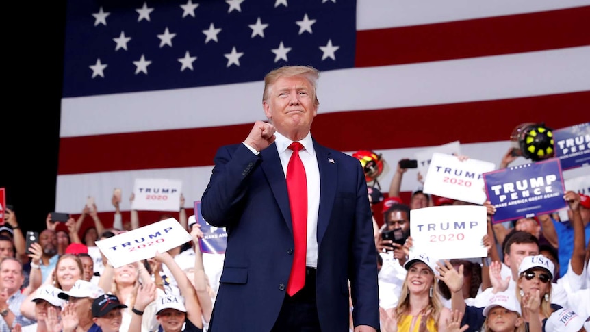 Donald Trump stands in front of a crowd at a rally. He has a fist raised to his chest in a sign of victory