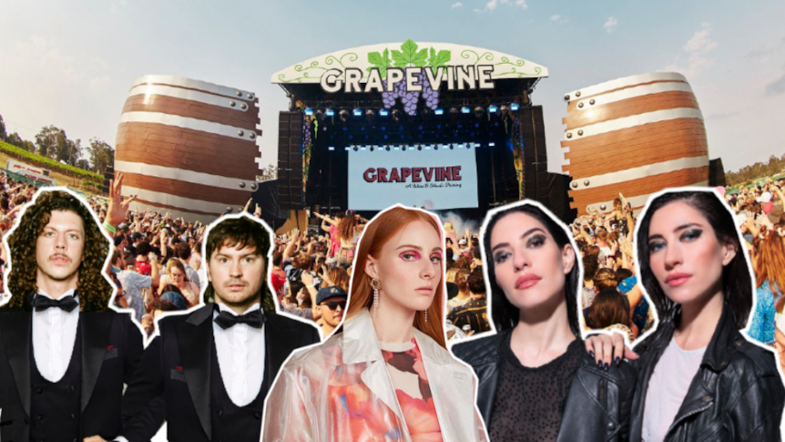 Image of festivalgoers at Grapevine Festival, Peking Duk (in tuxedoes), Vera Blue (in pink), The Veronicas (in leather jackets)