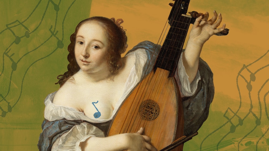 A painting of a woman in an old fashioned dress tuning a lute, she has one breast bared