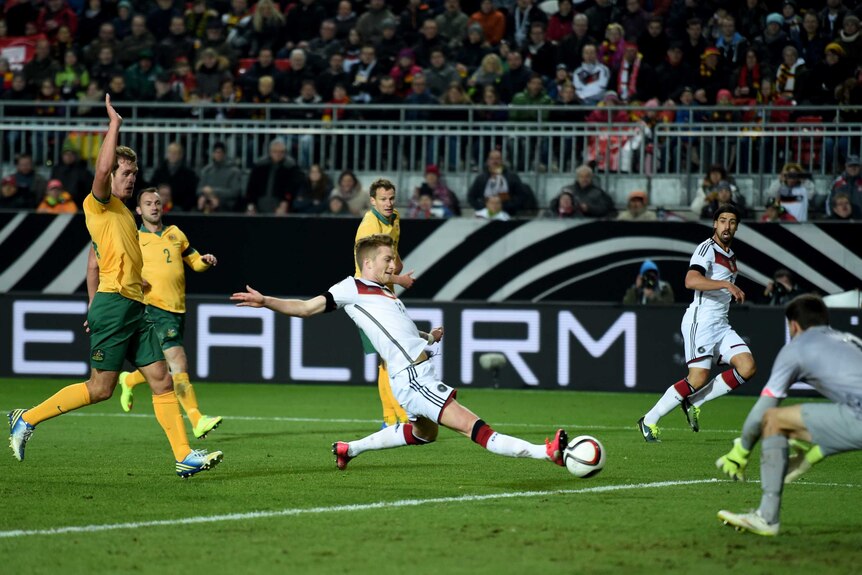 Early goal ... Marco Reus finds the back of the net for Germany