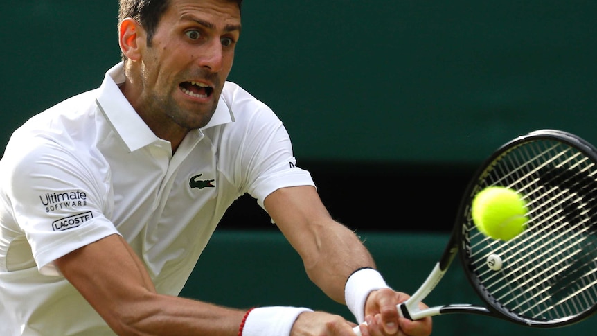 Novak Djokovic hits a two-handed backhand and grimaces