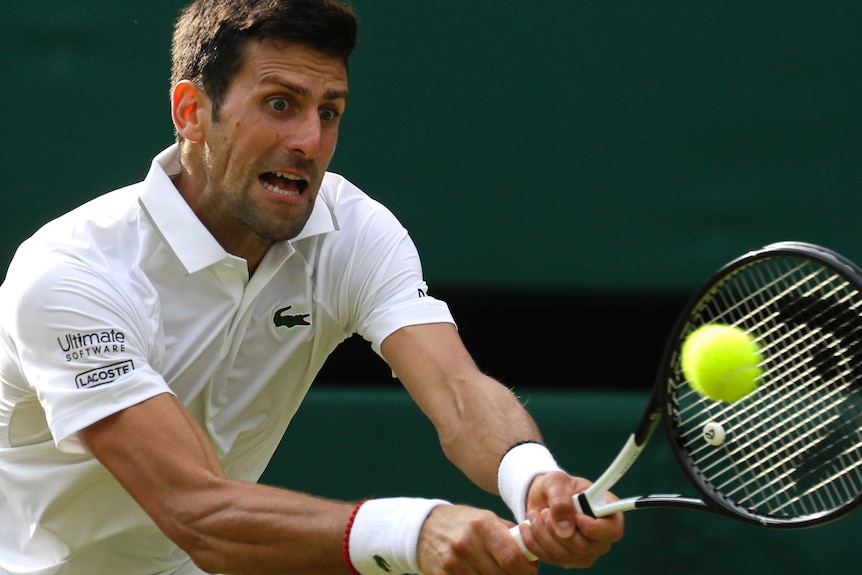 Novak Djokovic hits a two-handed backhand and grimaces