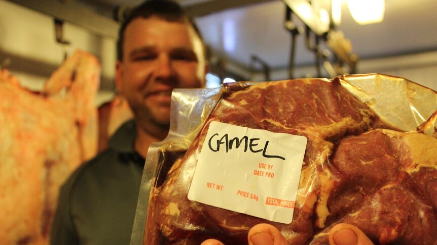 Keegan Nelson holds camel meat