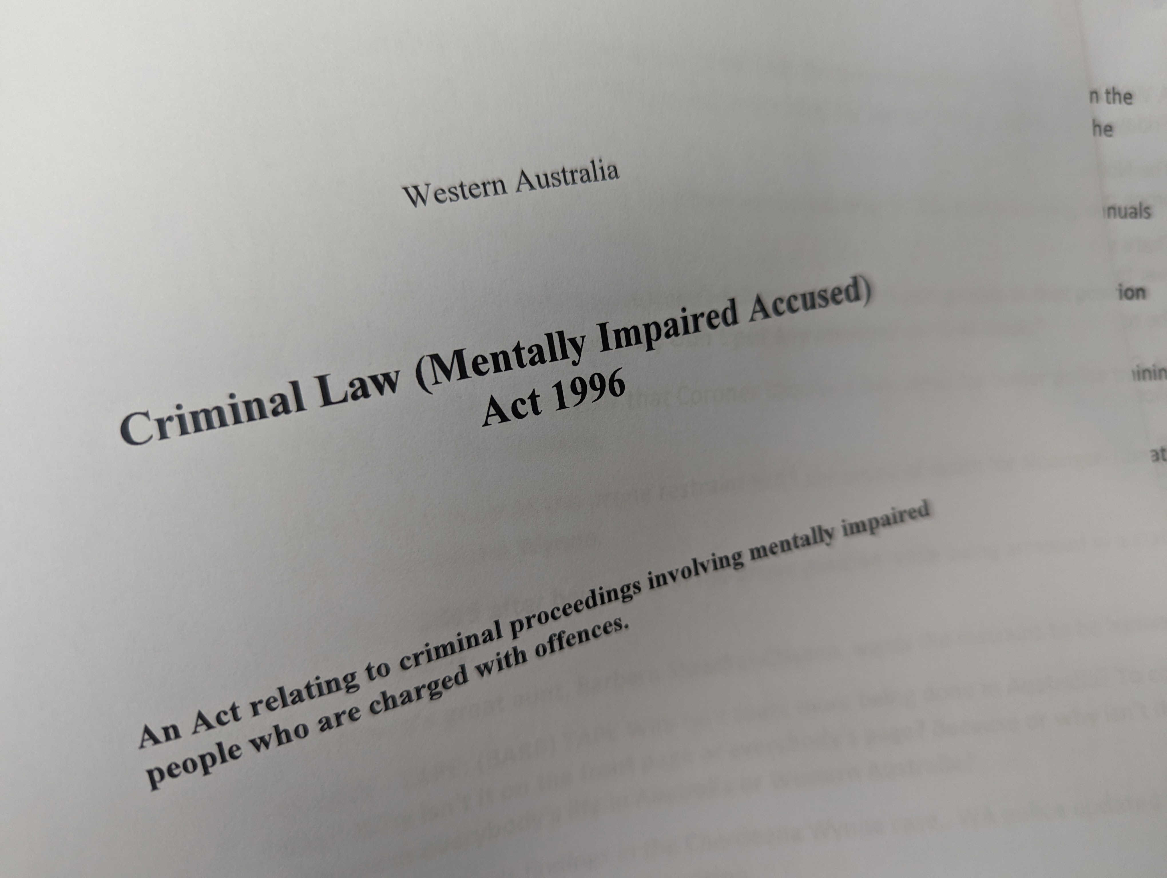 Screenshot of the title page of the Mentally Impaired Imprisonment Act.