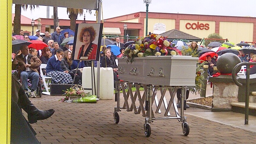 People gathered in the centre of Port Augusta for a public funeral service for Joy Baluch.