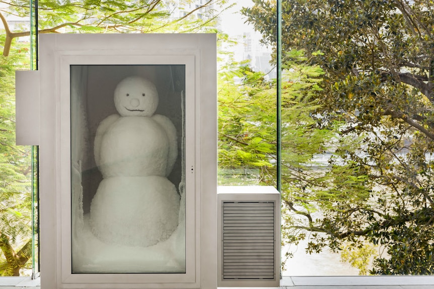 A snowman inside a glass case with a frosted door sits on a window ledge in front of trees