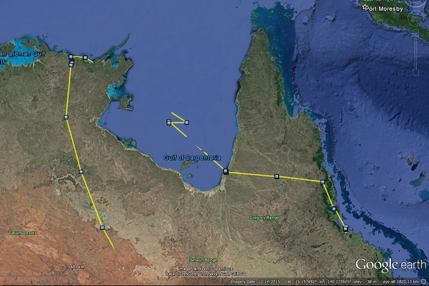 A photo showing a GPS map of Australia and a zig-zagging line mapping a bird's movements across it.