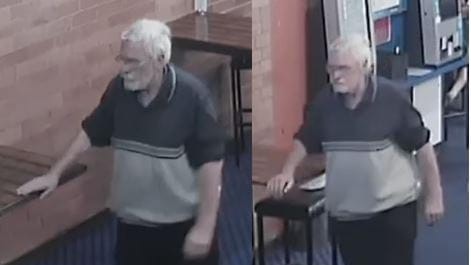 CCTV footage of old man walking through pub.