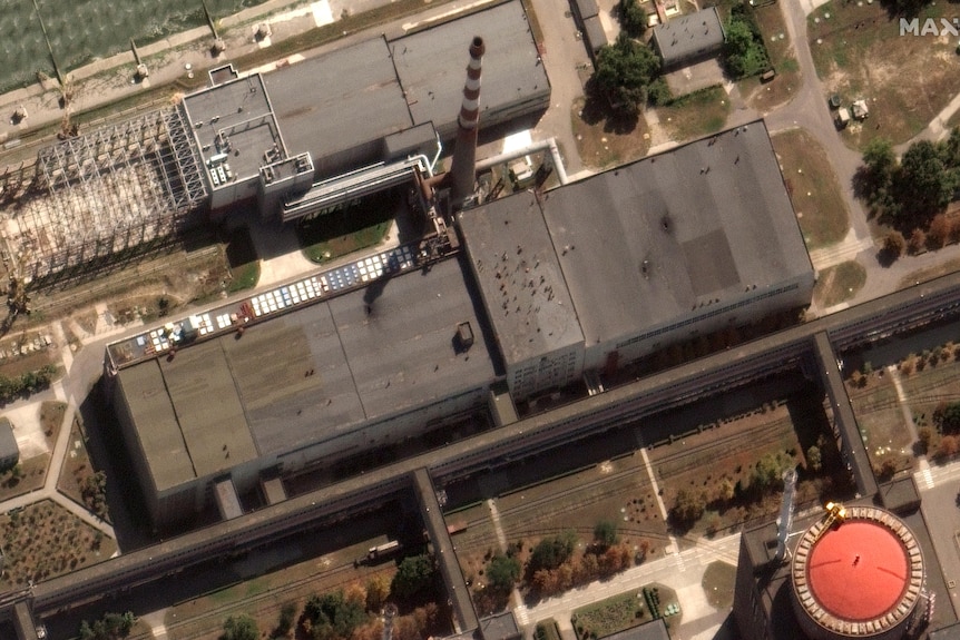 A satellite imagery shows holes in the roof of Zaporizhzhia nuclear power plant, Ukraine, 