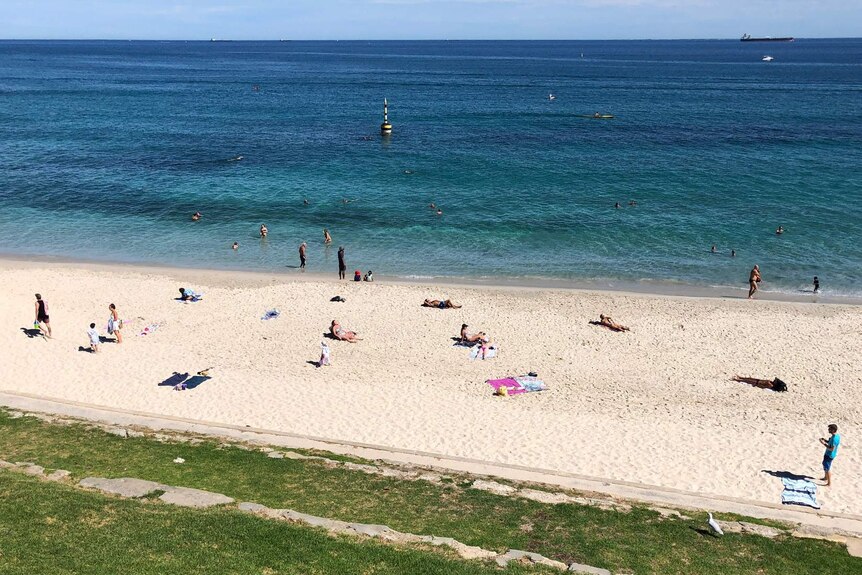 A wide show of Cottesloe Beach with people scattered on the sand and in the water.