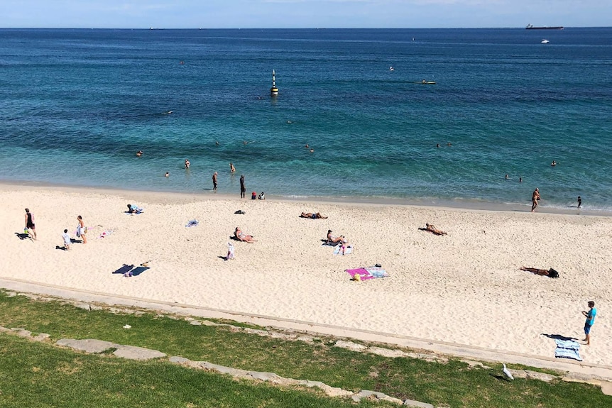 A wide show of Cottesloe Beach with people scattered on the sand and in the water.