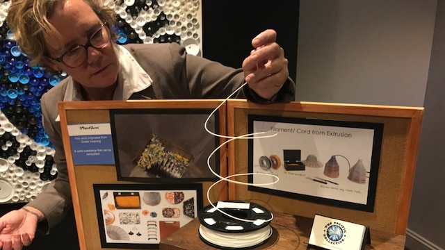 Scientist Louise Hardman showing the type of computer cable made from recycled plastic. Coffs Harbour, June 18, 2017.