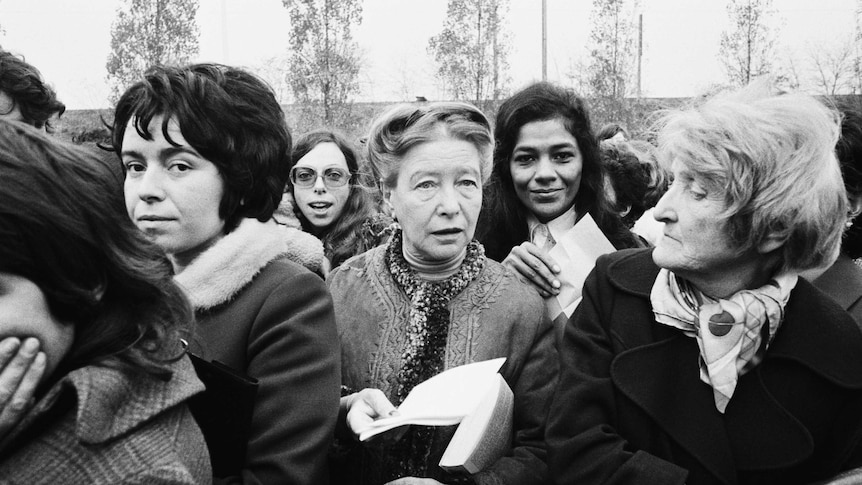 Simone de Beavoir at the Bobigny abortion trial, 1972: a landmark case for women's rights in France.